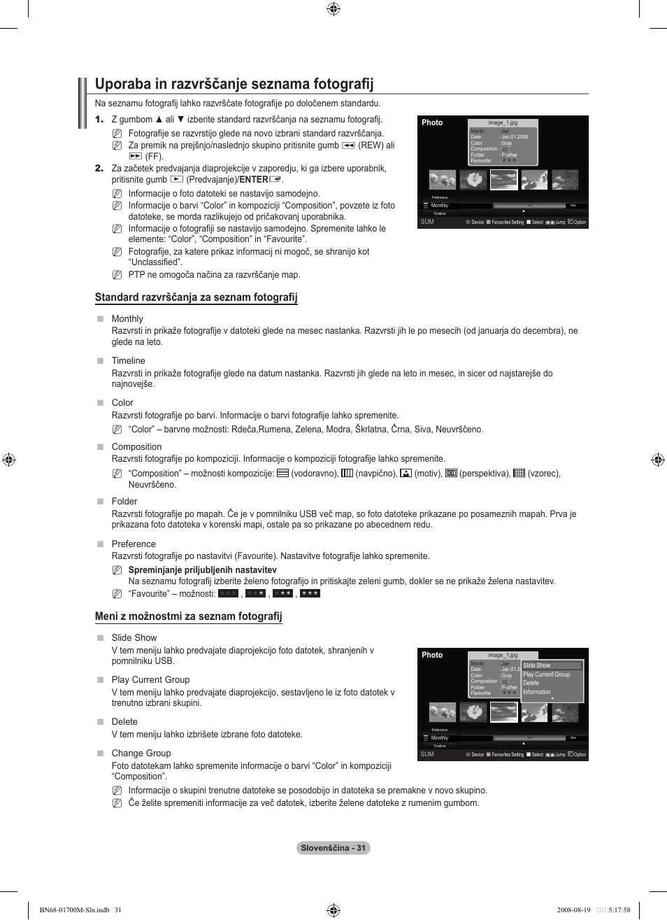 Uporaba in razvrščanje seznama fotografij, Standard razvrščanja za seznam fotografij, Meni z možnostmi za seznam fotografij | Samsung LE46A756R1M User Manual | Page 333 / 422