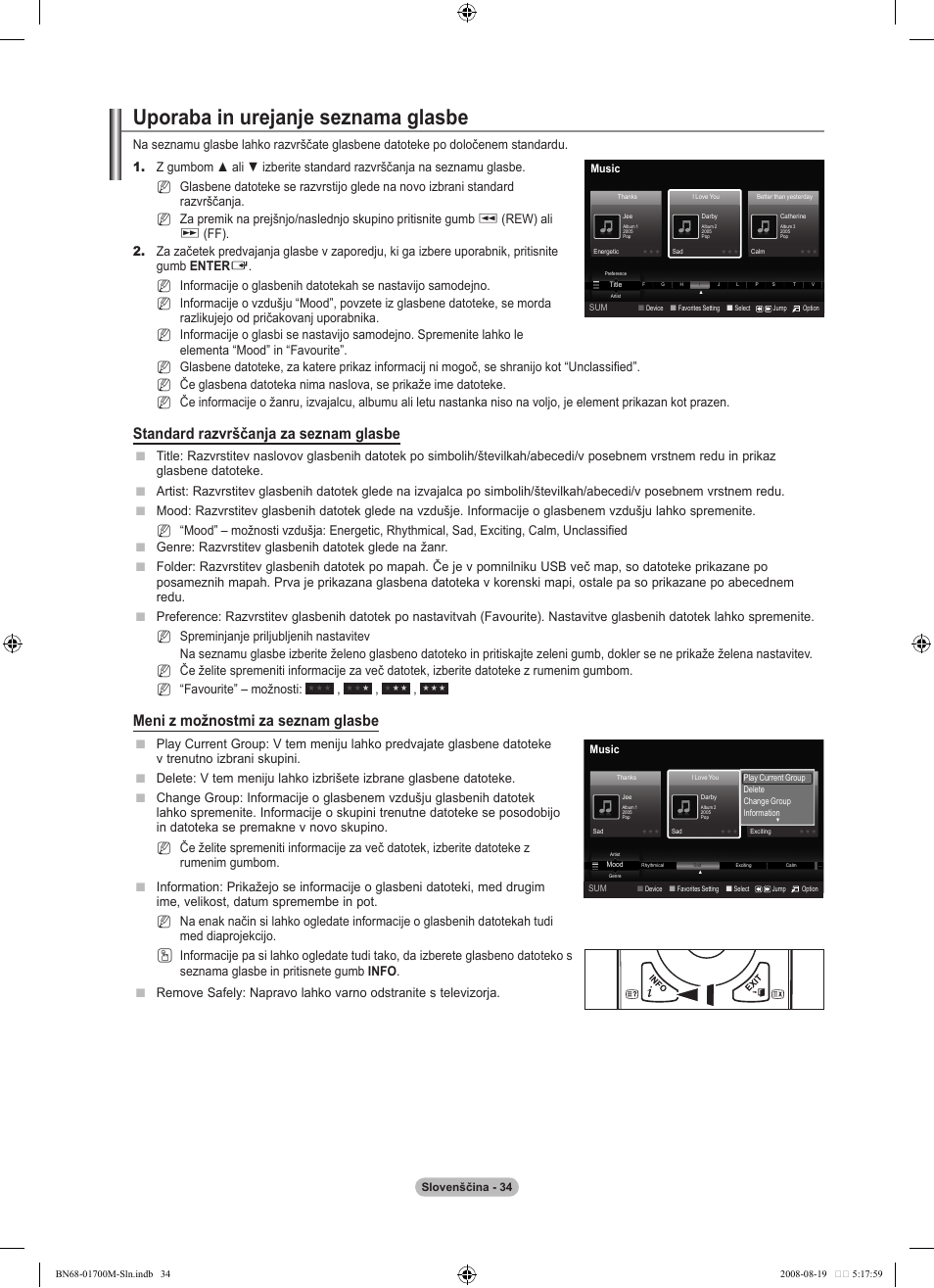 Uporaba in urejanje seznama glasbe, Standard razvrščanja za seznam glasbe, Meni z možnostmi za seznam glasbe | Rew) ali, Nn n | Samsung LE46A756R1M User Manual | Page 336 / 422