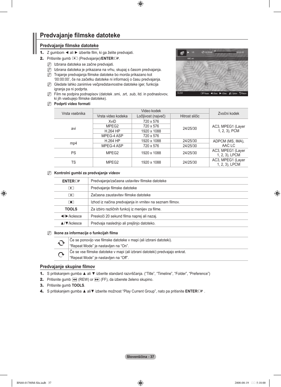 Predvajanje fi lmske datoteke, Predvajanje skupine fi lmov | Samsung LE46A756R1M User Manual | Page 339 / 422