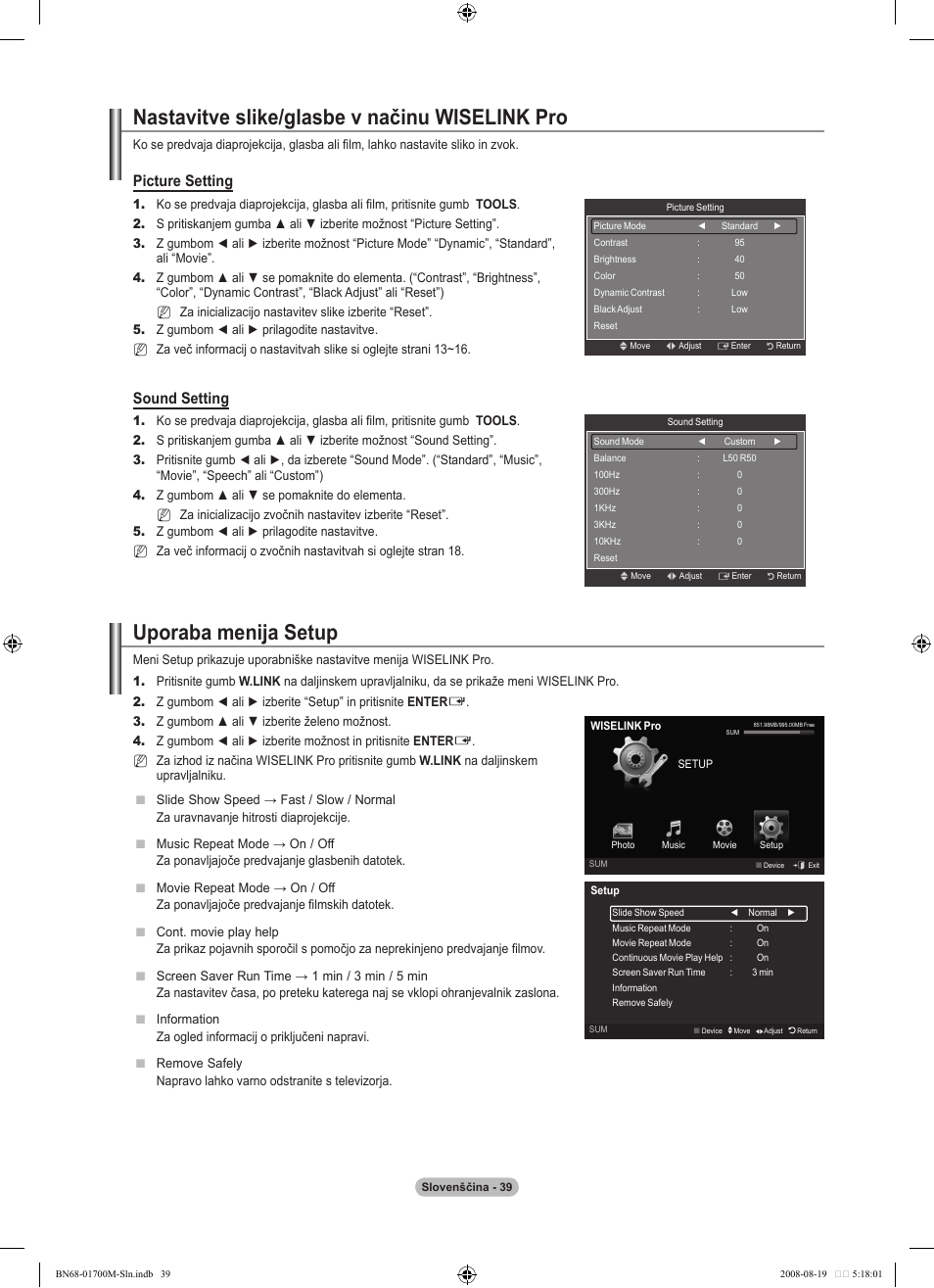 Nastavitve slike/glasbe v načinu wiselink pro, Uporaba menija setup, Picture setting | Sound setting | Samsung LE46A756R1M User Manual | Page 341 / 422