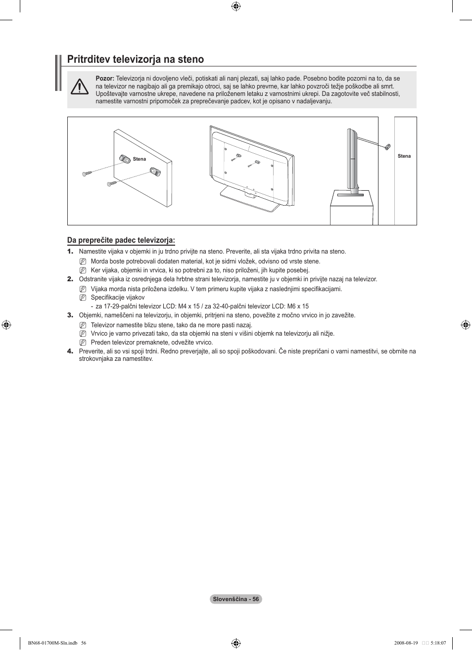 Pritrditev televizorja na steno | Samsung LE46A756R1M User Manual | Page 358 / 422