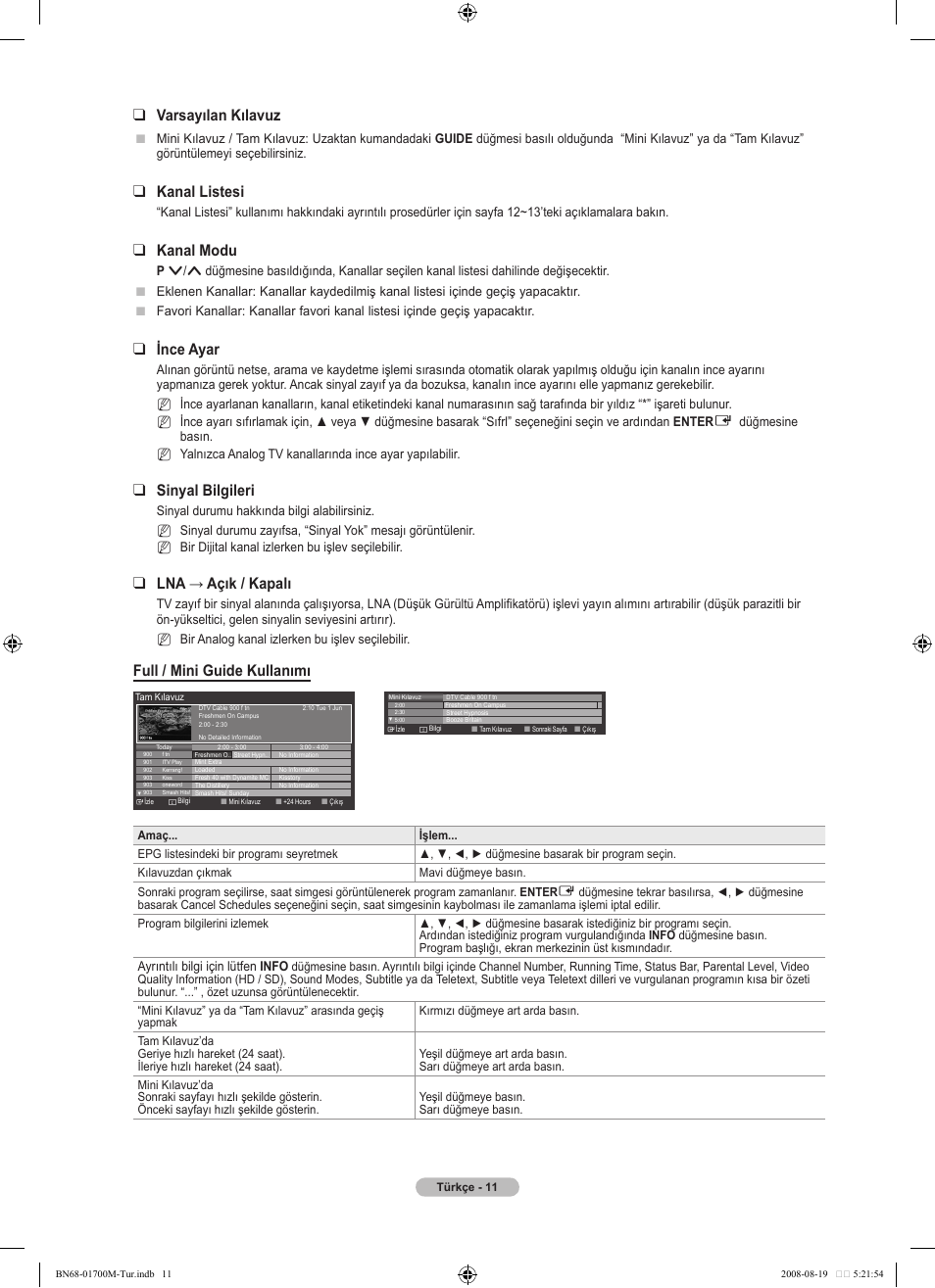 Varsayılan kılavuz, Kanal listesi, Kanal modu | Ince ayar, Sinyal bilgileri, Lna → açık / kapalı, Full / mini guide kullanımı | Samsung LE46A756R1M User Manual | Page 373 / 422