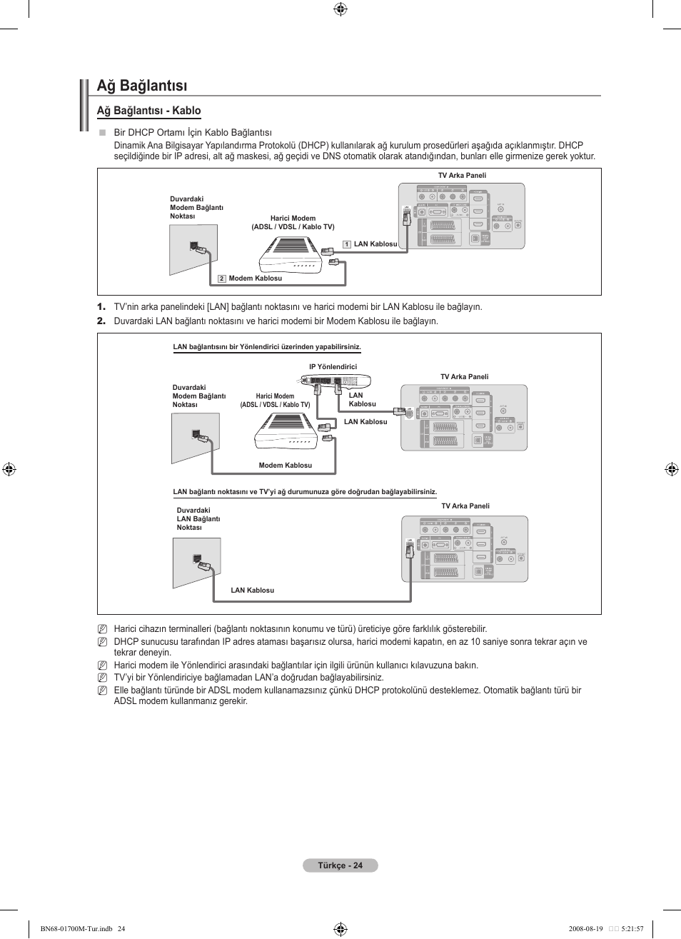 Ağ bağlantısı, Ağ bağlantısı - kablo | Samsung LE46A756R1M User Manual | Page 386 / 422