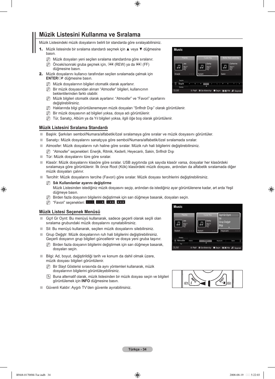Müzik listesini kullanma ve sıralama, Müzik listesini sıralama standardı, Müzik listesi seçenek menüsü | Rew) ya da, Nn n | Samsung LE46A756R1M User Manual | Page 396 / 422
