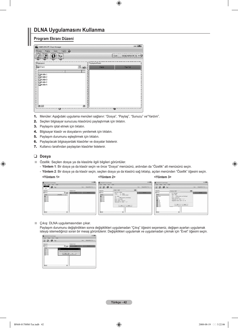 Dlna uygulamasını kullanma, Program ekranı düzeni, Dosya | Samsung LE46A756R1M User Manual | Page 404 / 422