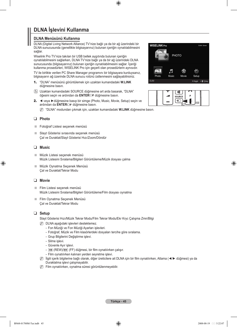 Dlna işlevini kullanma, Dlna menüsünü kullanma, Photo | Music, Movie, Setup | Samsung LE46A756R1M User Manual | Page 407 / 422