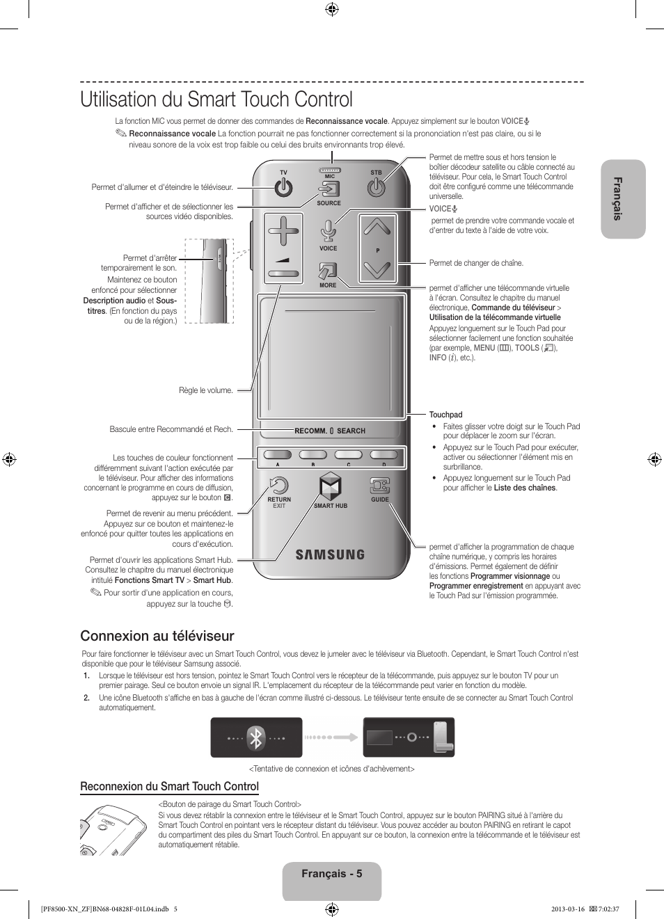 Utilisation du smart touch control, Connexion au téléviseur, Reconnexion du smart touch control | Français - 5 français | Samsung PS51F8500SL User Manual | Page 29 / 97