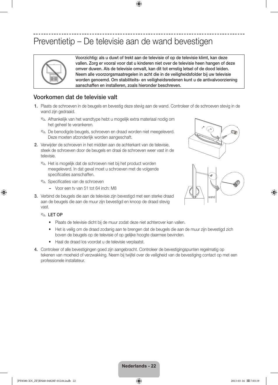 Preventietip – de televisie aan de wand bevestigen, Voorkomen dat de televisie valt | Samsung PS51F8500SL User Manual | Page 94 / 97