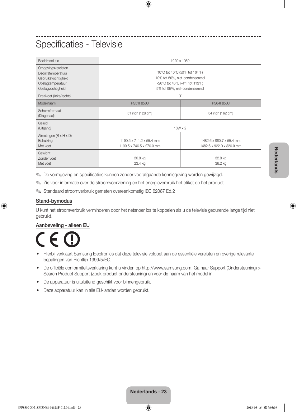 Specificaties - televisie | Samsung PS51F8500SL User Manual | Page 95 / 97