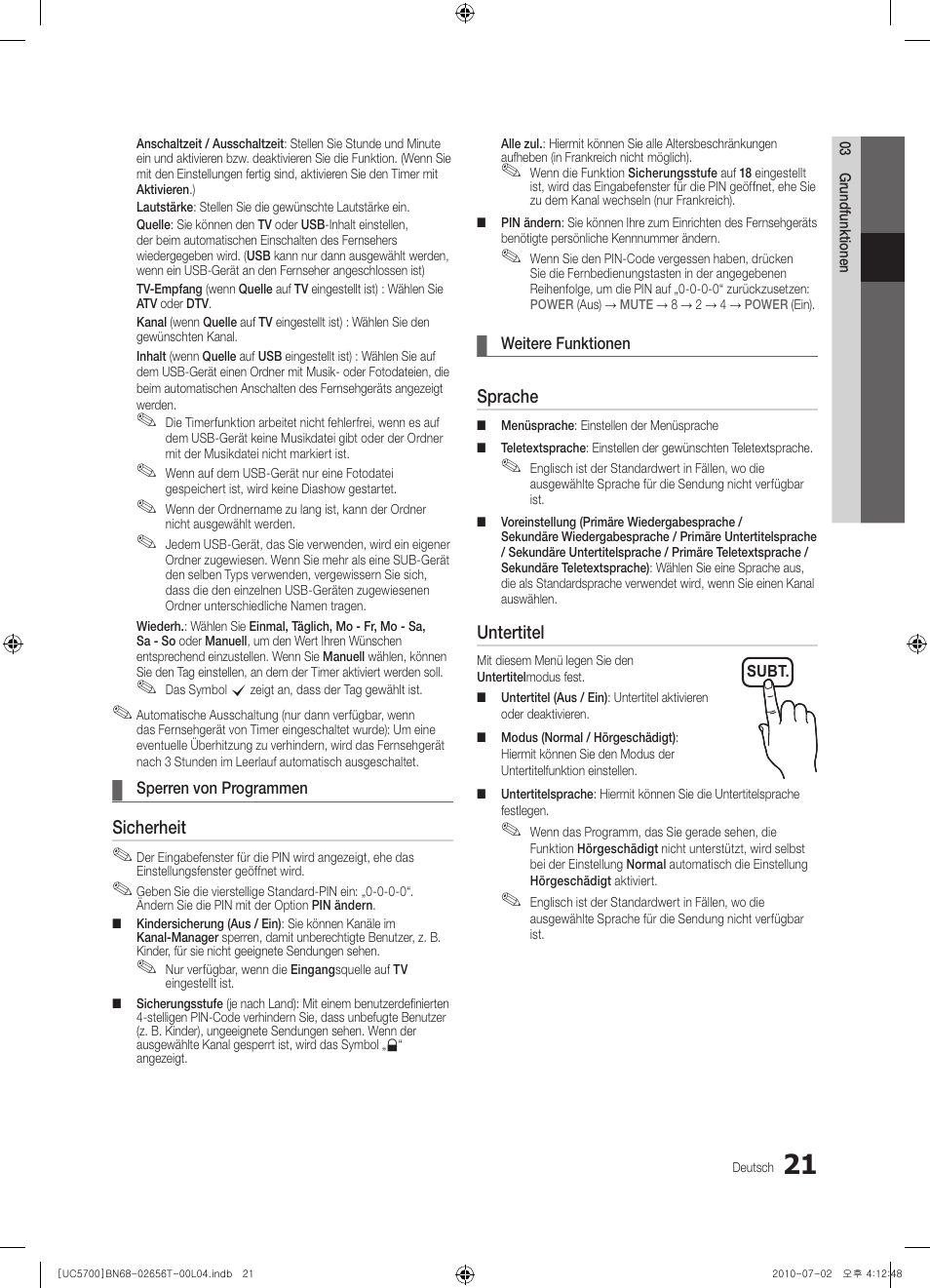 Sicherheit, Sprache, Untertitel | Samsung UE40C5700QS User Manual | Page 73 / 209