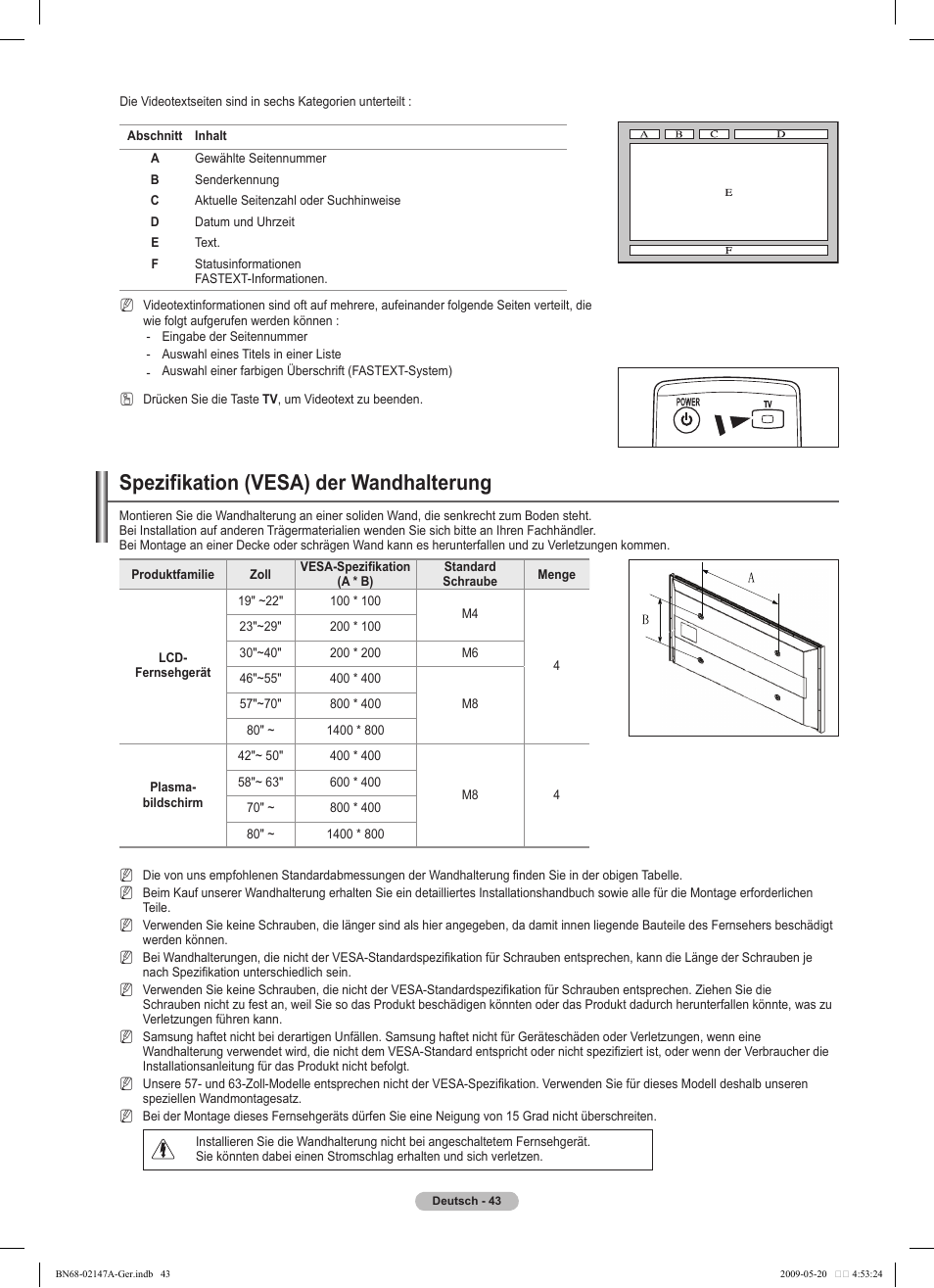 Spezifikation (vesa) der wandhalterung | Samsung PS50B579T6S User Manual | Page 100 / 197