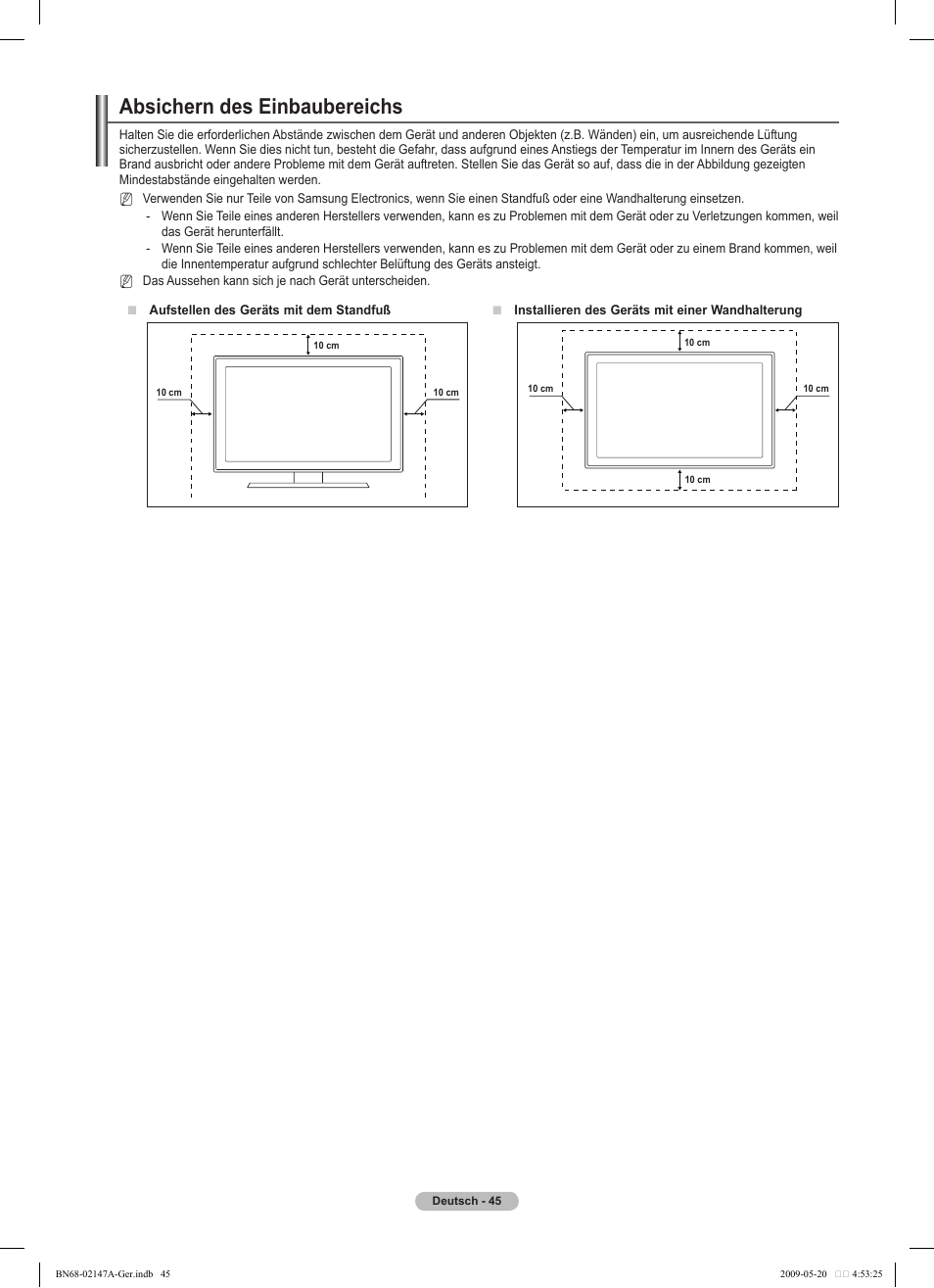 Absichern des einbaubereichs | Samsung PS50B579T6S User Manual | Page 102 / 197