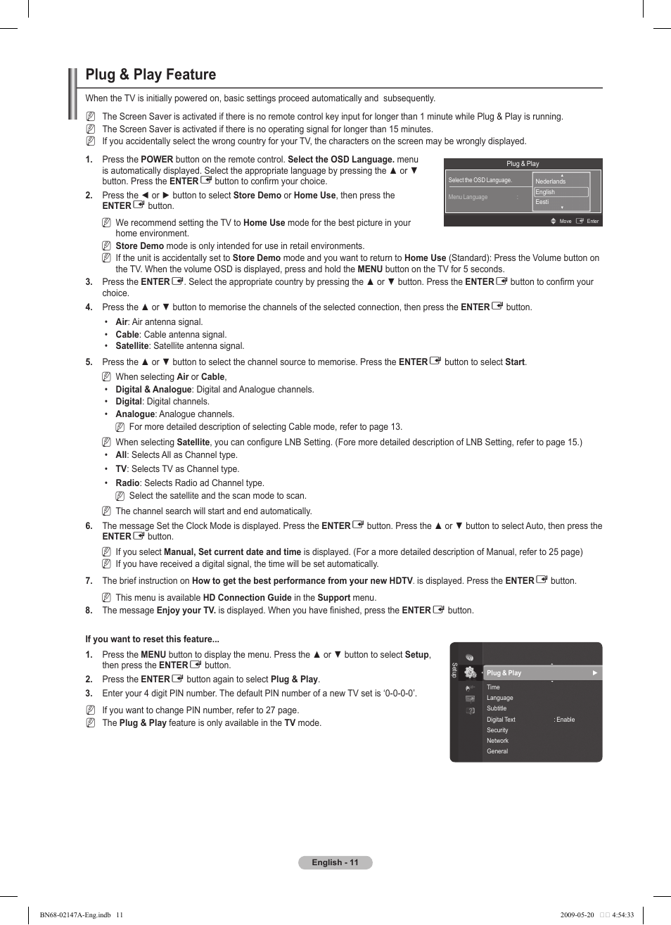 Plug & play feature | Samsung PS50B579T6S User Manual | Page 11 / 197