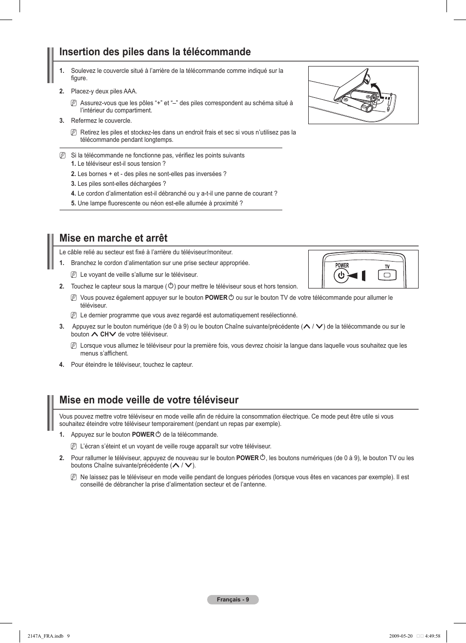 Insertion des piles dans la télécommande, Mise en marche et arrêt, Mise en mode veille de votre téléviseur | Samsung PS50B579T6S User Manual | Page 112 / 197