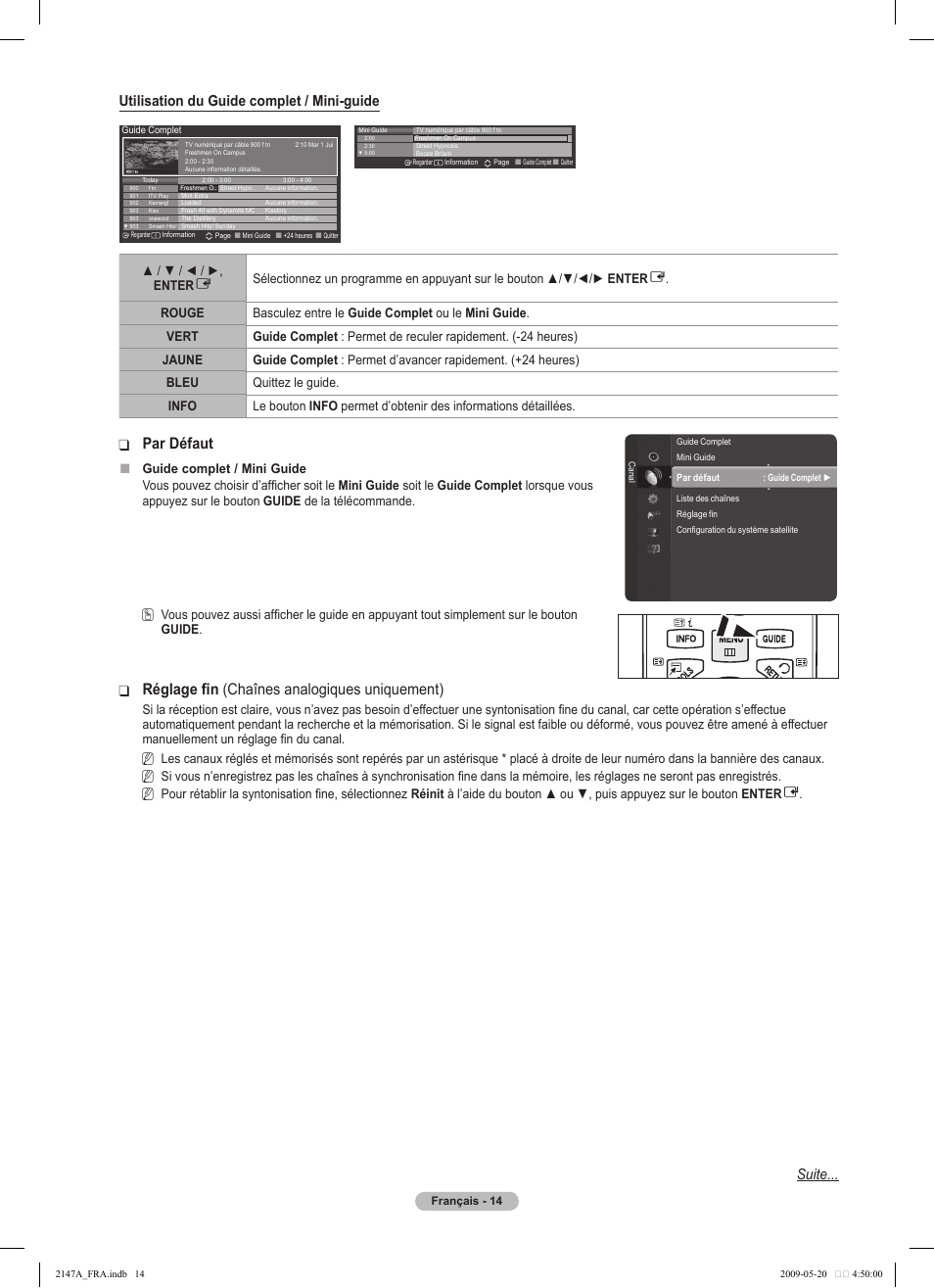 Par défaut, Réglage fin ❑ (chaînes analogiques uniquement), Utilisation du guide complet / mini-guide | Suite | Samsung PS50B579T6S User Manual | Page 117 / 197