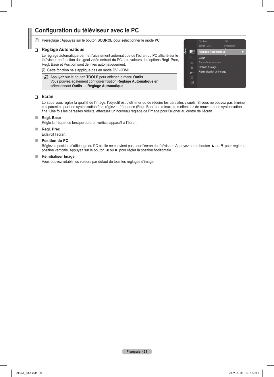 Configuration du téléviseur avec le pc | Samsung PS50B579T6S User Manual | Page 124 / 197