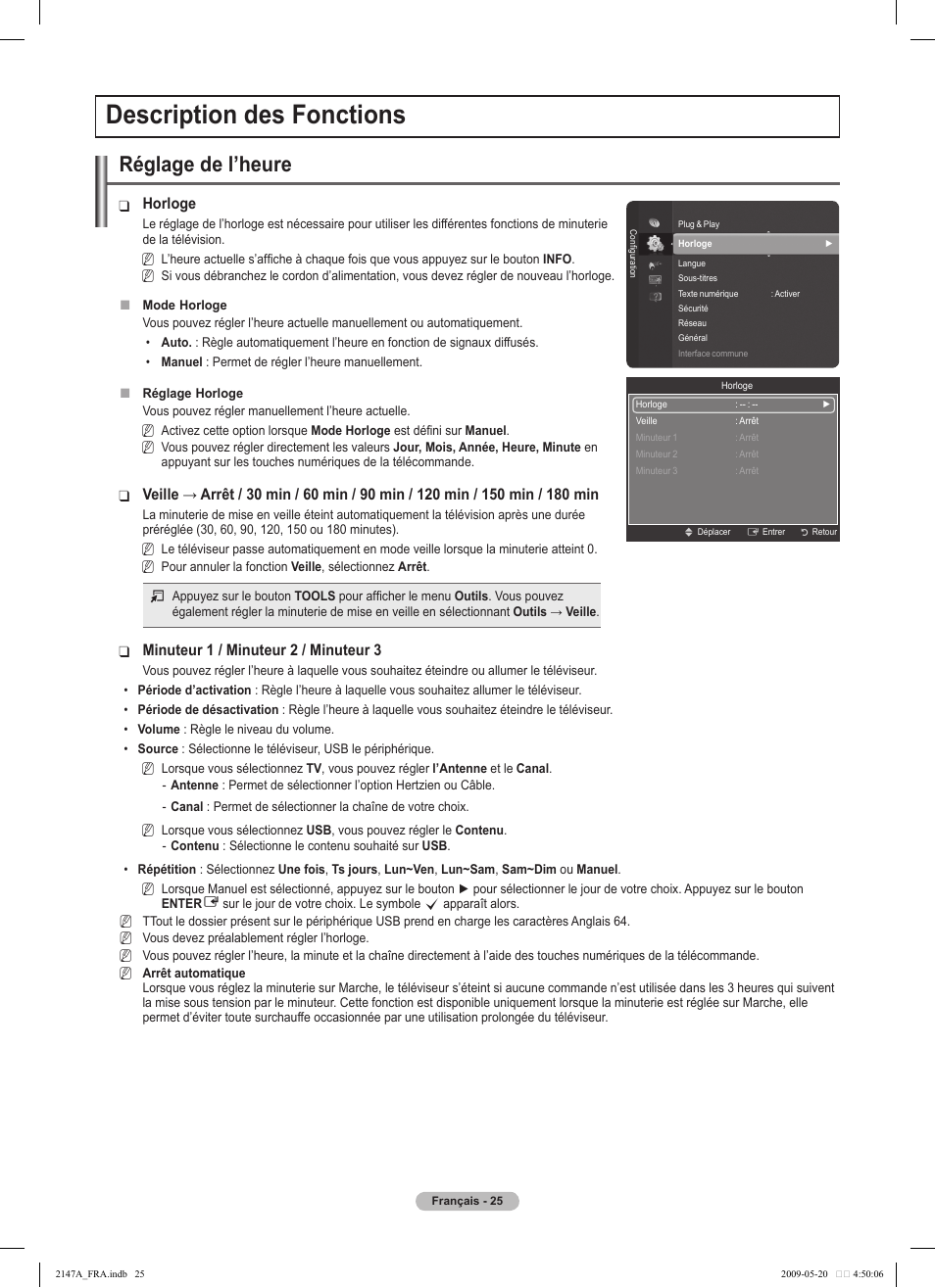 Description des fonctions, Réglage de l’heure | Samsung PS50B579T6S User Manual | Page 128 / 197