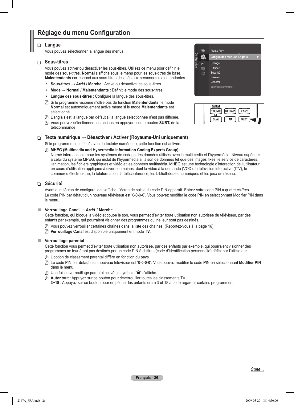 Réglage du menu configuration | Samsung PS50B579T6S User Manual | Page 129 / 197