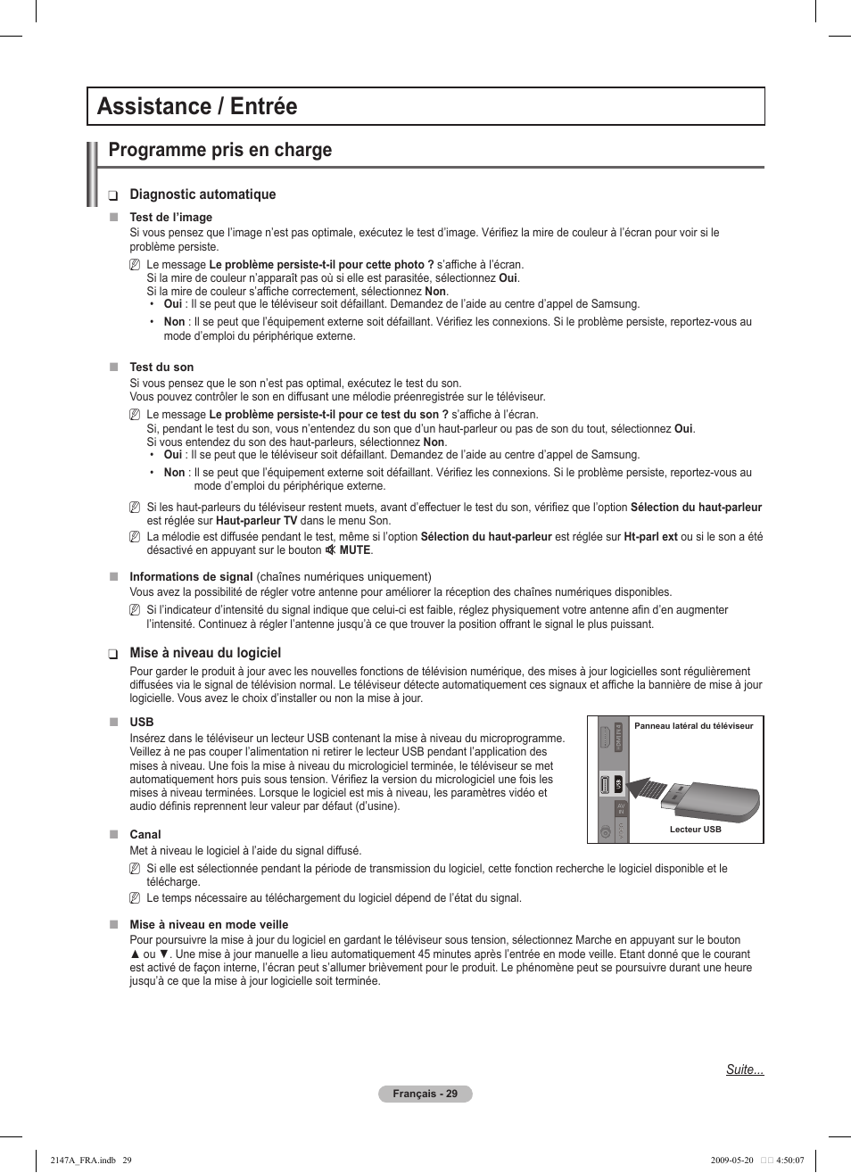 Assistance / entrée, Programme pris en charge | Samsung PS50B579T6S User Manual | Page 132 / 197