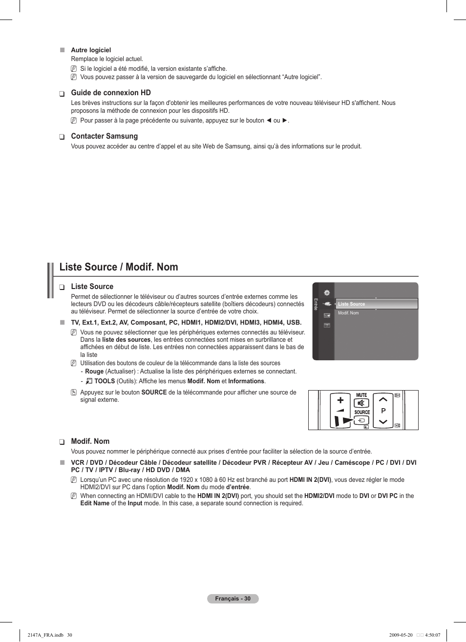 Liste source / modif. nom | Samsung PS50B579T6S User Manual | Page 133 / 197