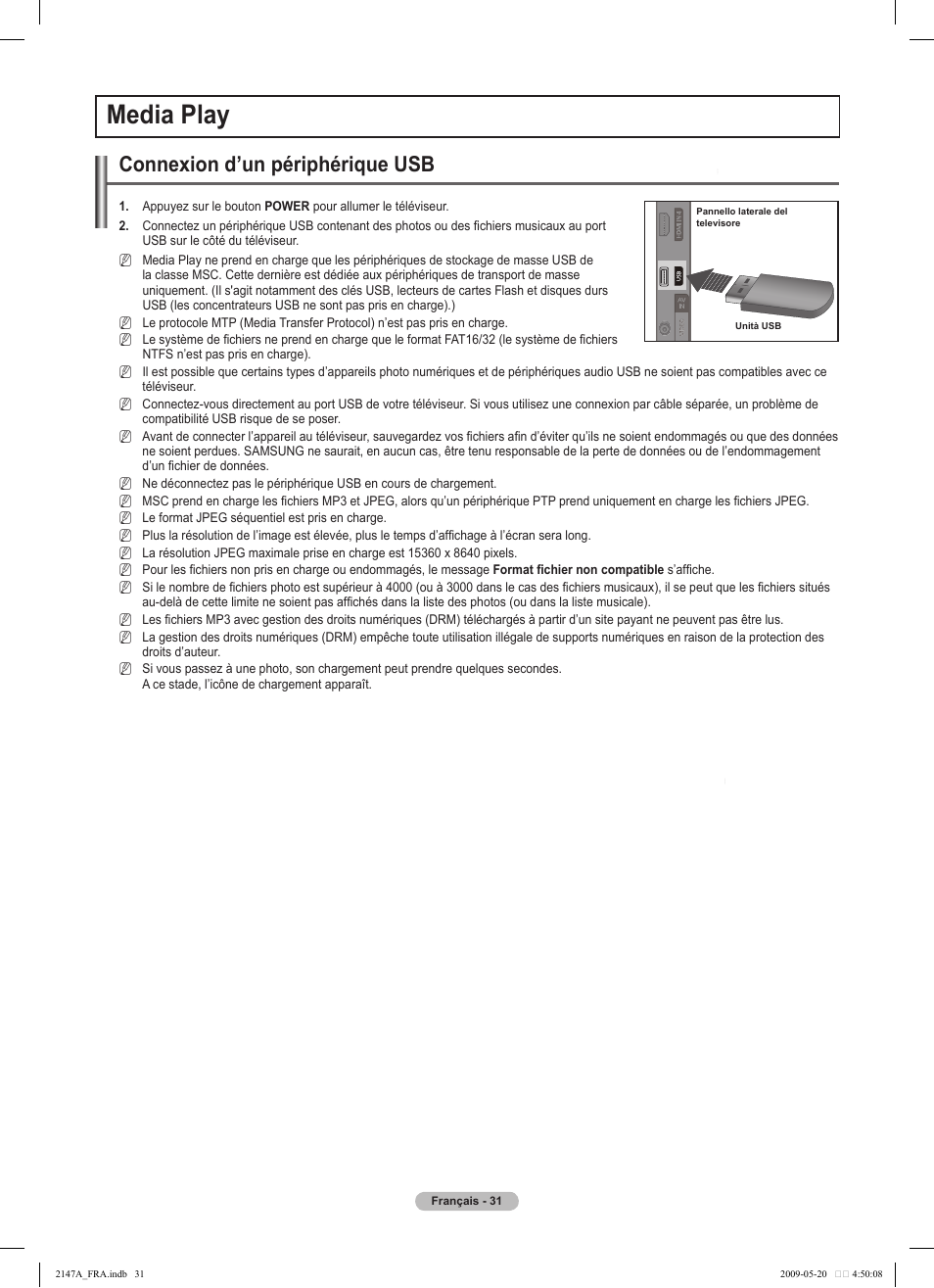 Media play, Connexion d’un périphérique usb | Samsung PS50B579T6S User Manual | Page 134 / 197
