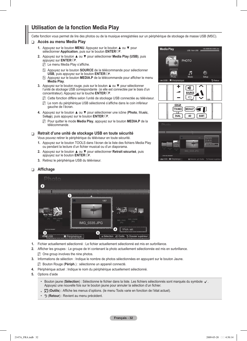 Utilisation de la fonction media play, Accès au menu media play, Affichage | Samsung PS50B579T6S User Manual | Page 135 / 197