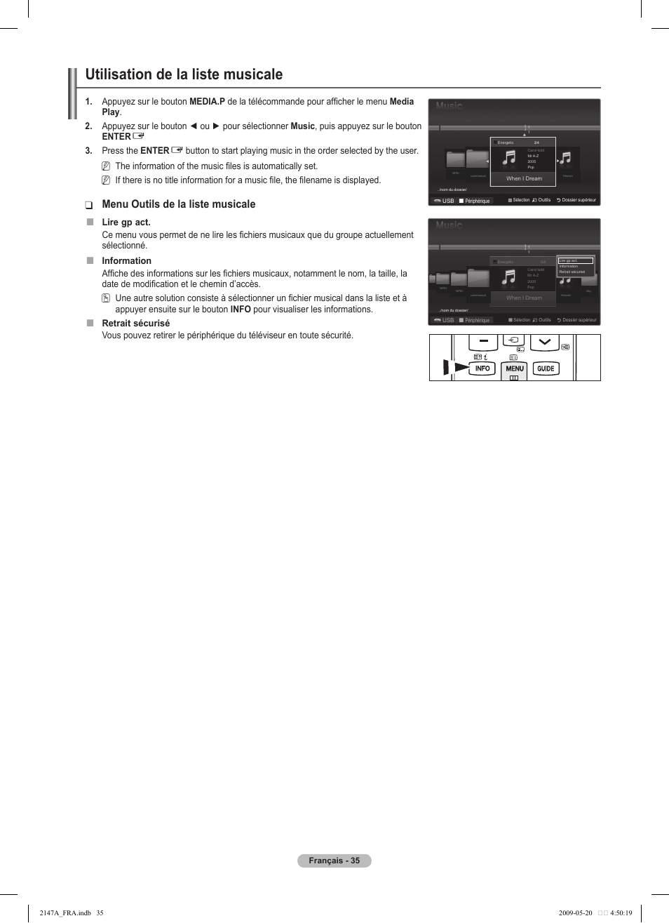 Utilisation de la liste musicale, Menu outils de la liste musicale, Press the enter | Samsung PS50B579T6S User Manual | Page 138 / 197
