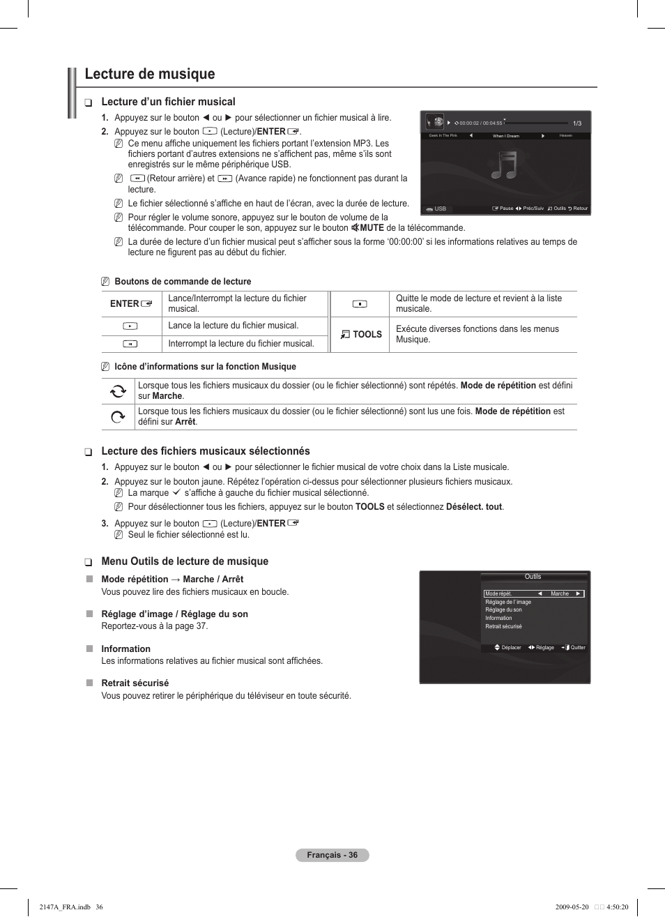 Lecture de musique, Lecture d’un fichier musical, Lecture des fichiers musicaux sélectionnés | Menu outils de lecture de musique | Samsung PS50B579T6S User Manual | Page 139 / 197