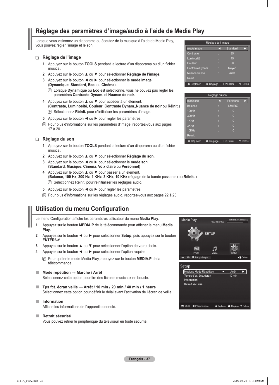 Utilisation du menu configuration, Réglage de l’image, Réglage du son | Samsung PS50B579T6S User Manual | Page 140 / 197
