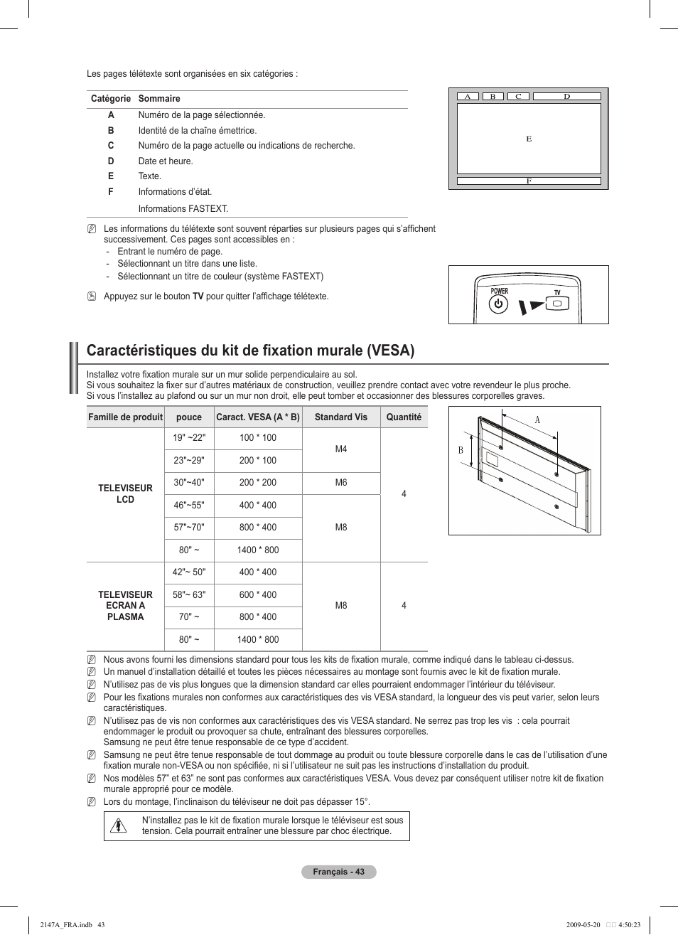 Caractéristiques du kit de fixation murale (vesa) | Samsung PS50B579T6S User Manual | Page 146 / 197