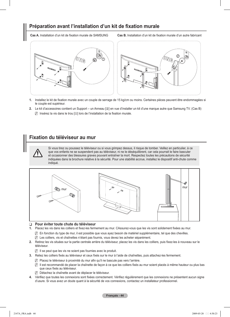 경고 주의 경고 주의, Fixation du téléviseur au mur | Samsung PS50B579T6S User Manual | Page 147 / 197