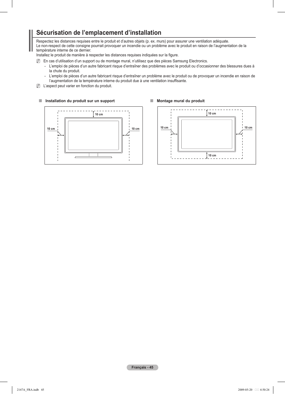 Sécurisation de l’emplacement d’installation | Samsung PS50B579T6S User Manual | Page 148 / 197
