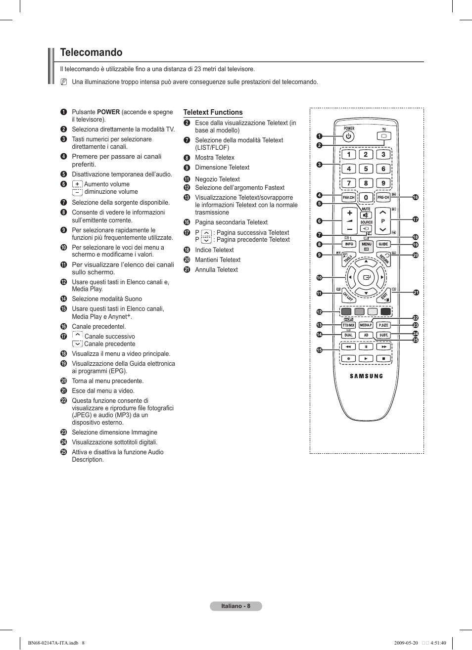 Telecomando | Samsung PS50B579T6S User Manual | Page 157 / 197