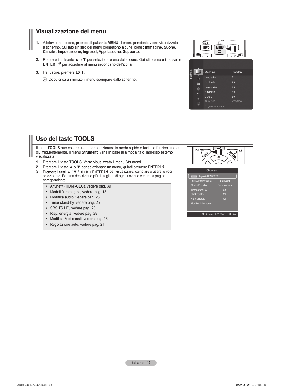 Visualizzazione dei menu, Uso del tasto tools | Samsung PS50B579T6S User Manual | Page 159 / 197