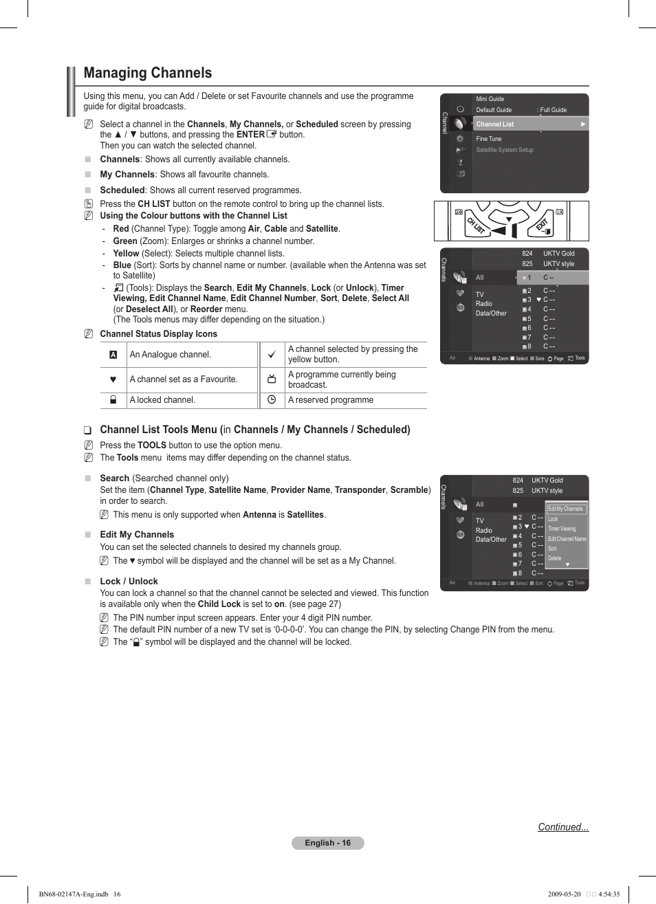Managing channels, Continued | Samsung PS50B579T6S User Manual | Page 16 / 197