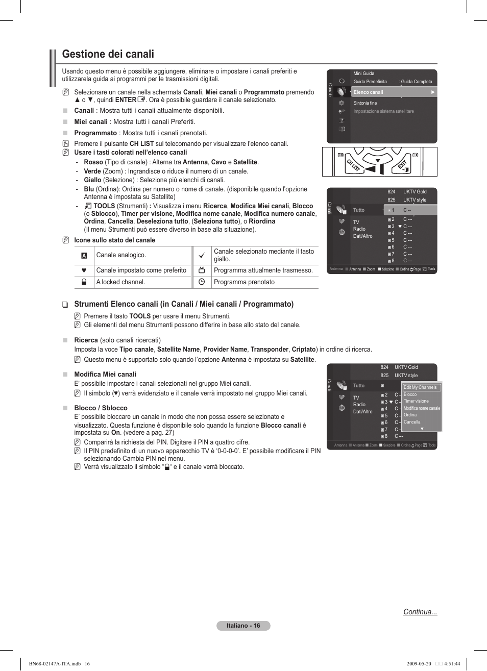 Gestione dei canali, Continua | Samsung PS50B579T6S User Manual | Page 165 / 197