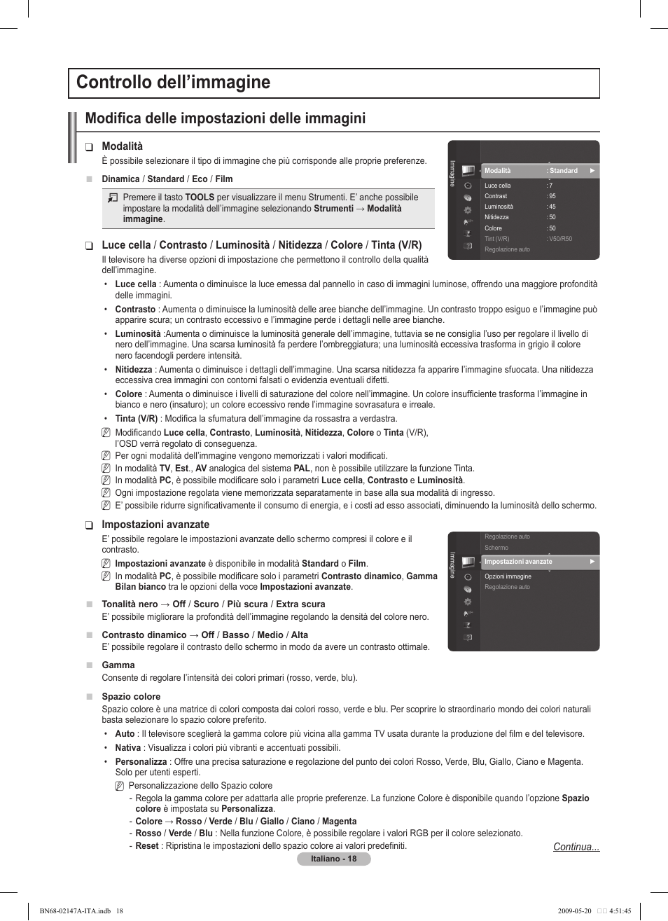 Controllo dell’immagine, Modifica delle impostazioni delle immagini | Samsung PS50B579T6S User Manual | Page 167 / 197