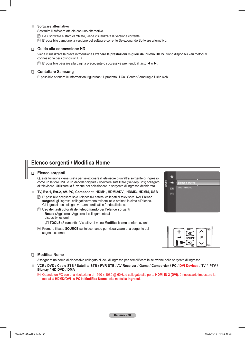 Elenco sorgenti / modifica nome | Samsung PS50B579T6S User Manual | Page 179 / 197