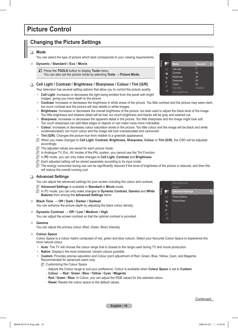 Picture control, Changing the picture settings | Samsung PS50B579T6S User Manual | Page 18 / 197