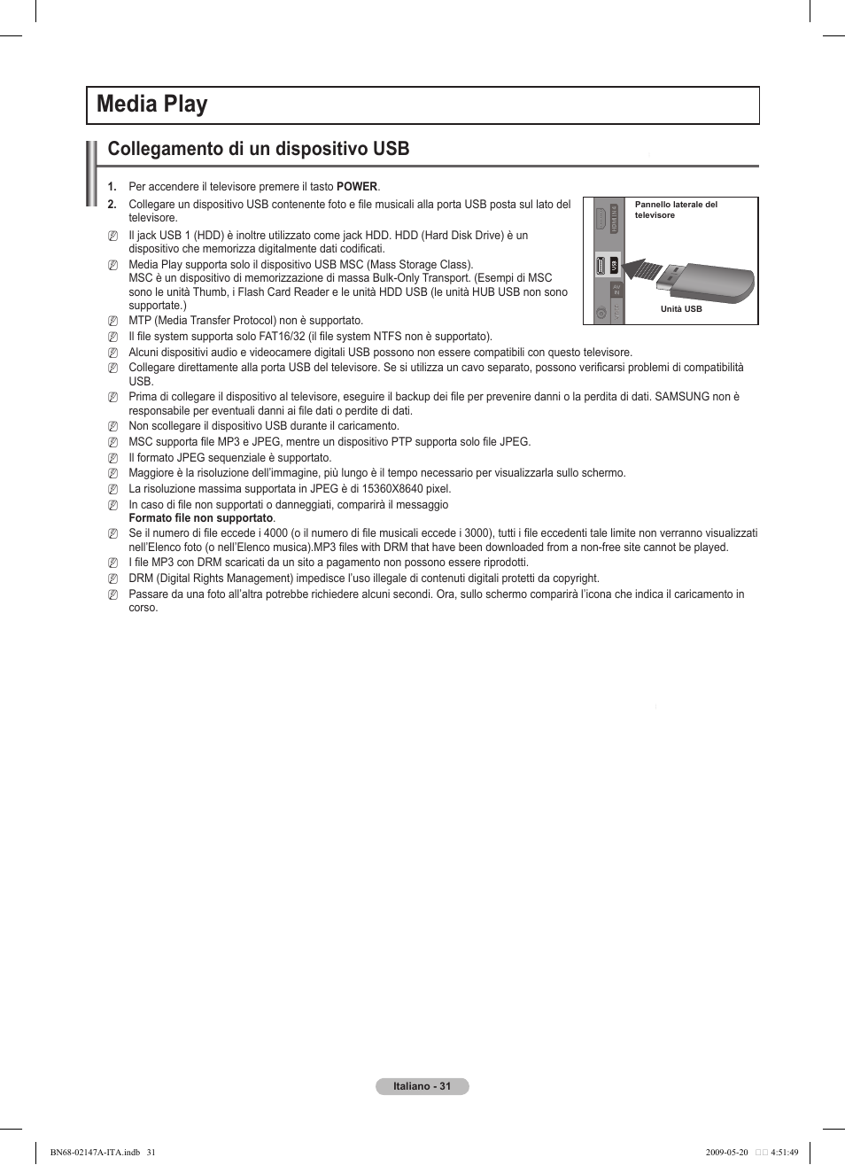 Media play, Collegamento di un dispositivo usb | Samsung PS50B579T6S User Manual | Page 180 / 197