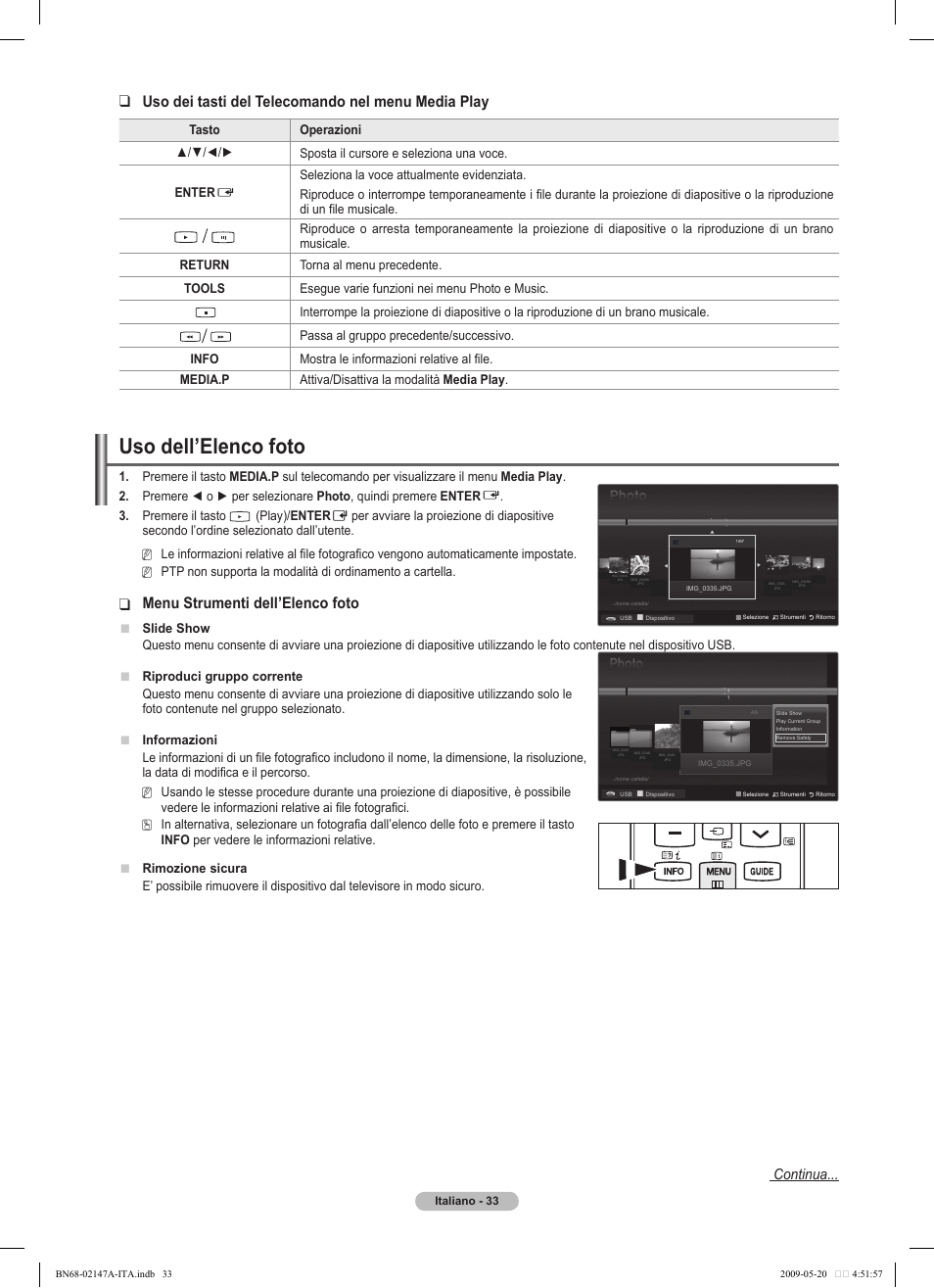 Uso dell’elenco foto, Uso dei tasti del telecomando nel menu media play, Menu strumenti dell’elenco foto | Continua | Samsung PS50B579T6S User Manual | Page 182 / 197