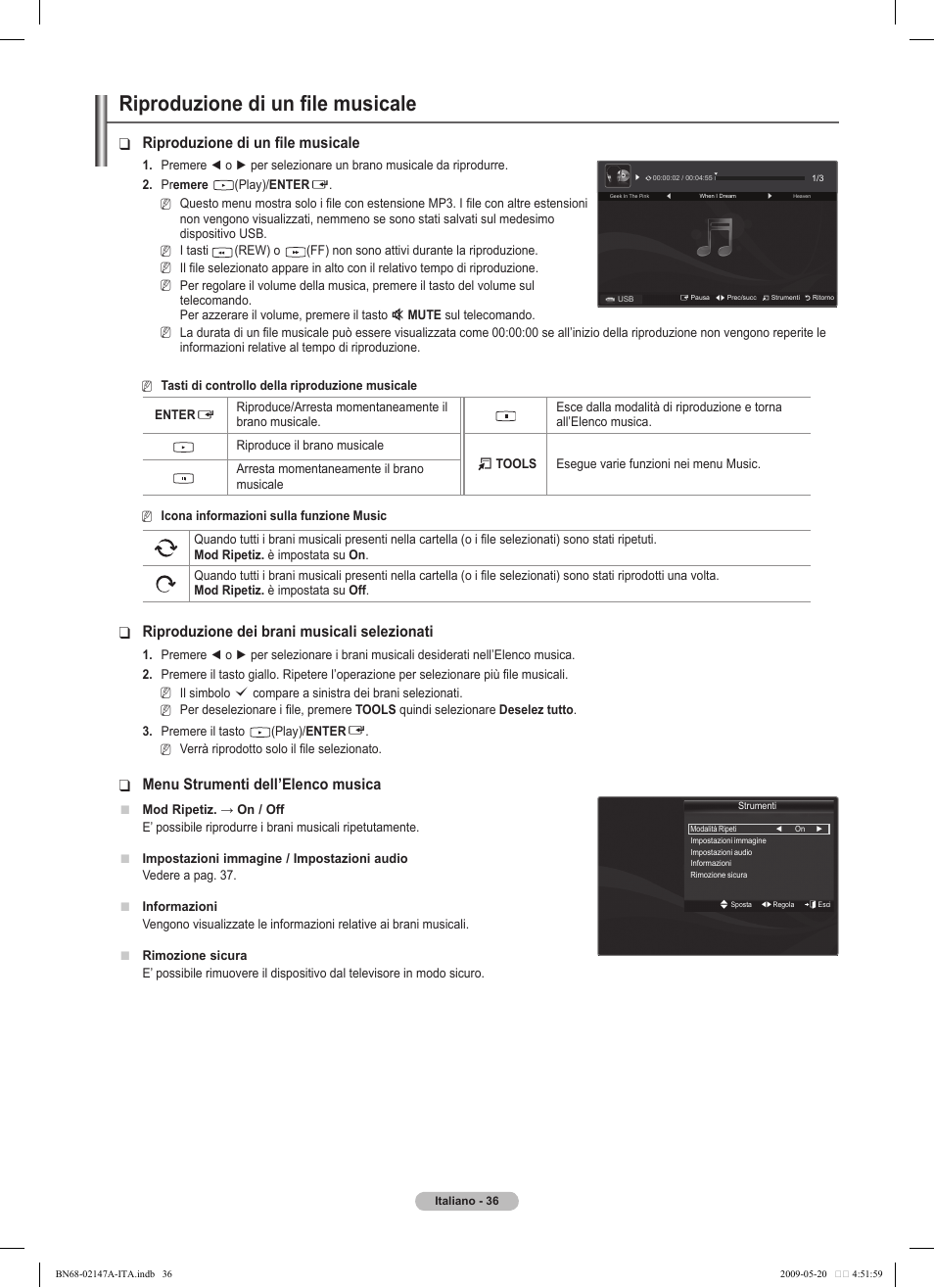 Riproduzione di un file musicale, Riproduzione dei brani musicali selezionati, Menu strumenti dell’elenco musica | Samsung PS50B579T6S User Manual | Page 185 / 197