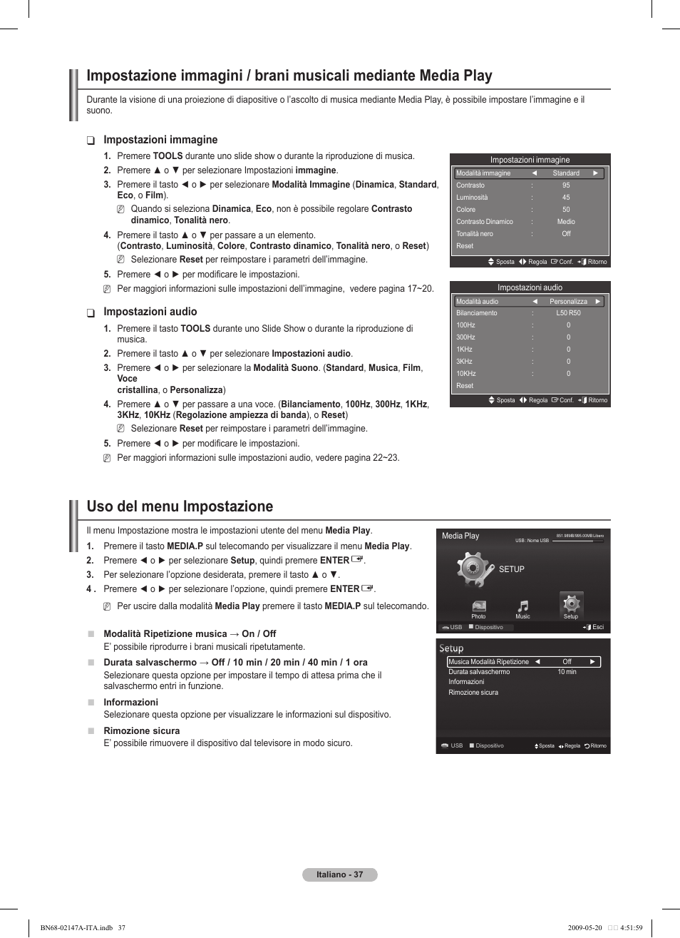 Uso del menu impostazione, Impostazioni immagine, Impostazioni audio | Samsung PS50B579T6S User Manual | Page 186 / 197