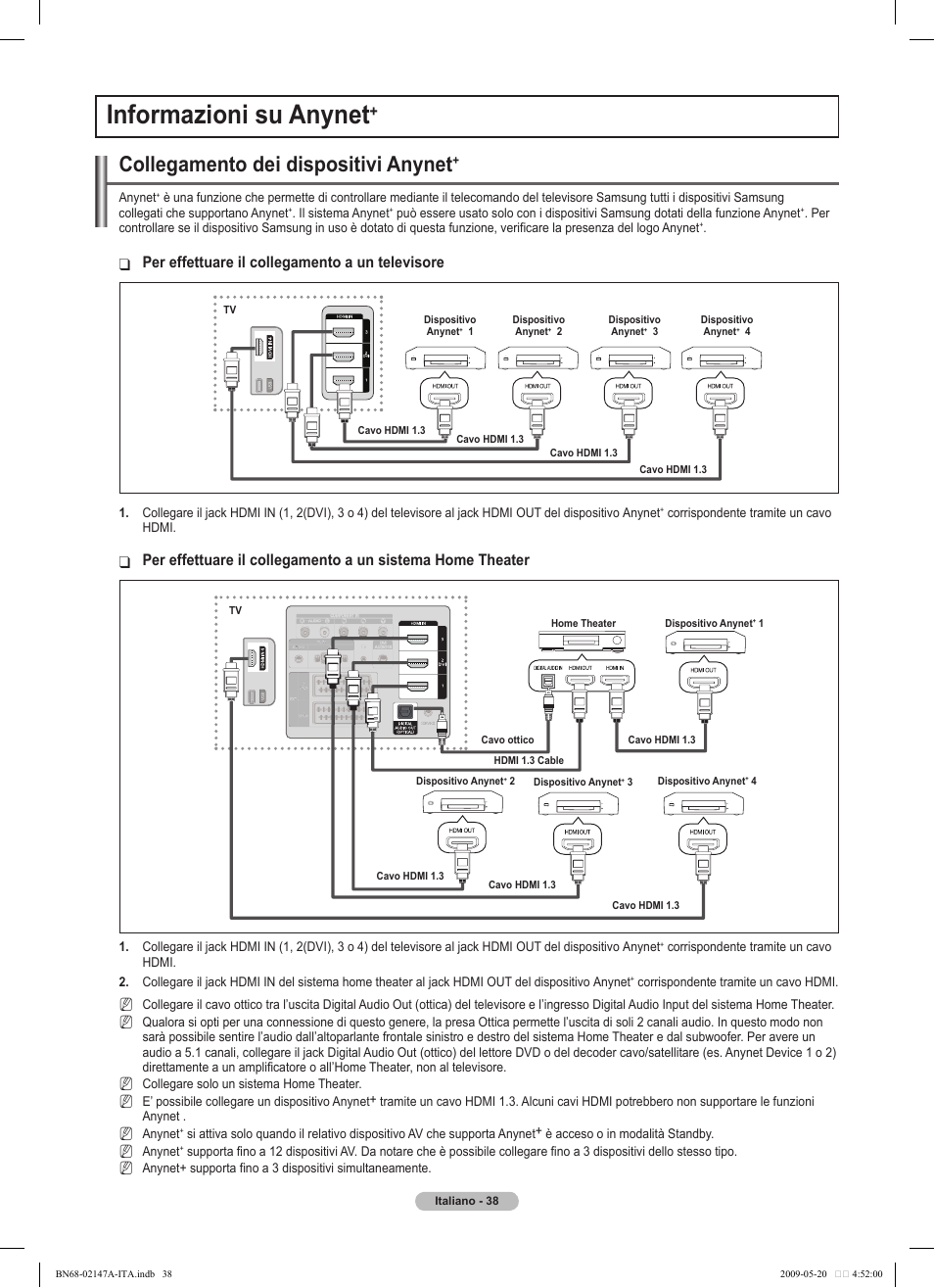 Informazioni su anynet, Collegamento dei dispositivi anynet, Per effettuare il collegamento a un televisore | Samsung PS50B579T6S User Manual | Page 187 / 197
