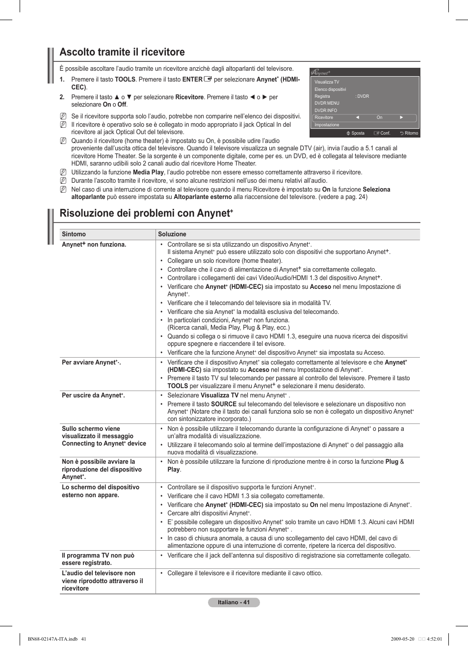 Ascolto tramite il ricevitore, Risoluzione dei problemi con anynet | Samsung PS50B579T6S User Manual | Page 190 / 197