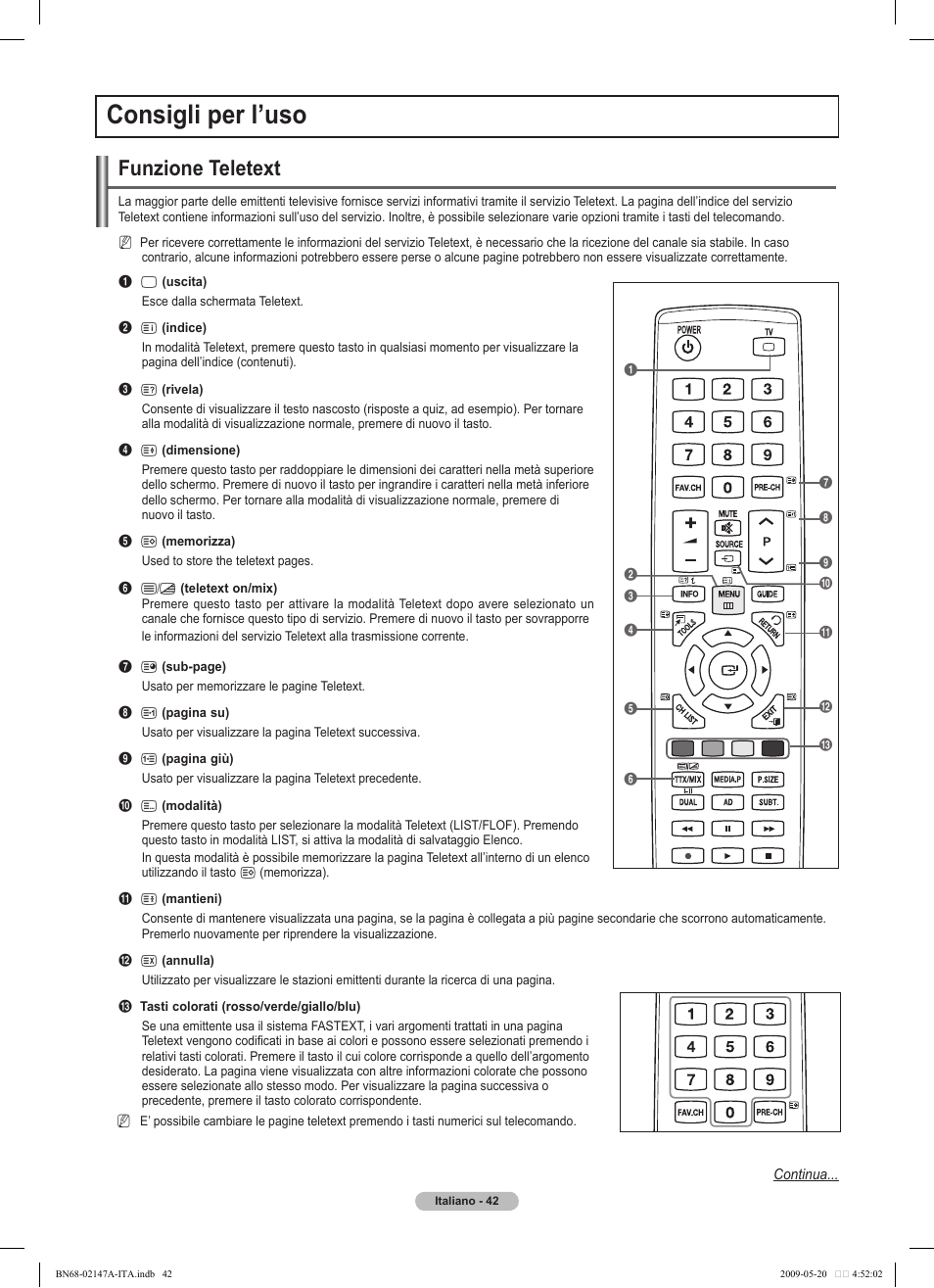 Consigli per l’uso, Funzione teletext | Samsung PS50B579T6S User Manual | Page 191 / 197