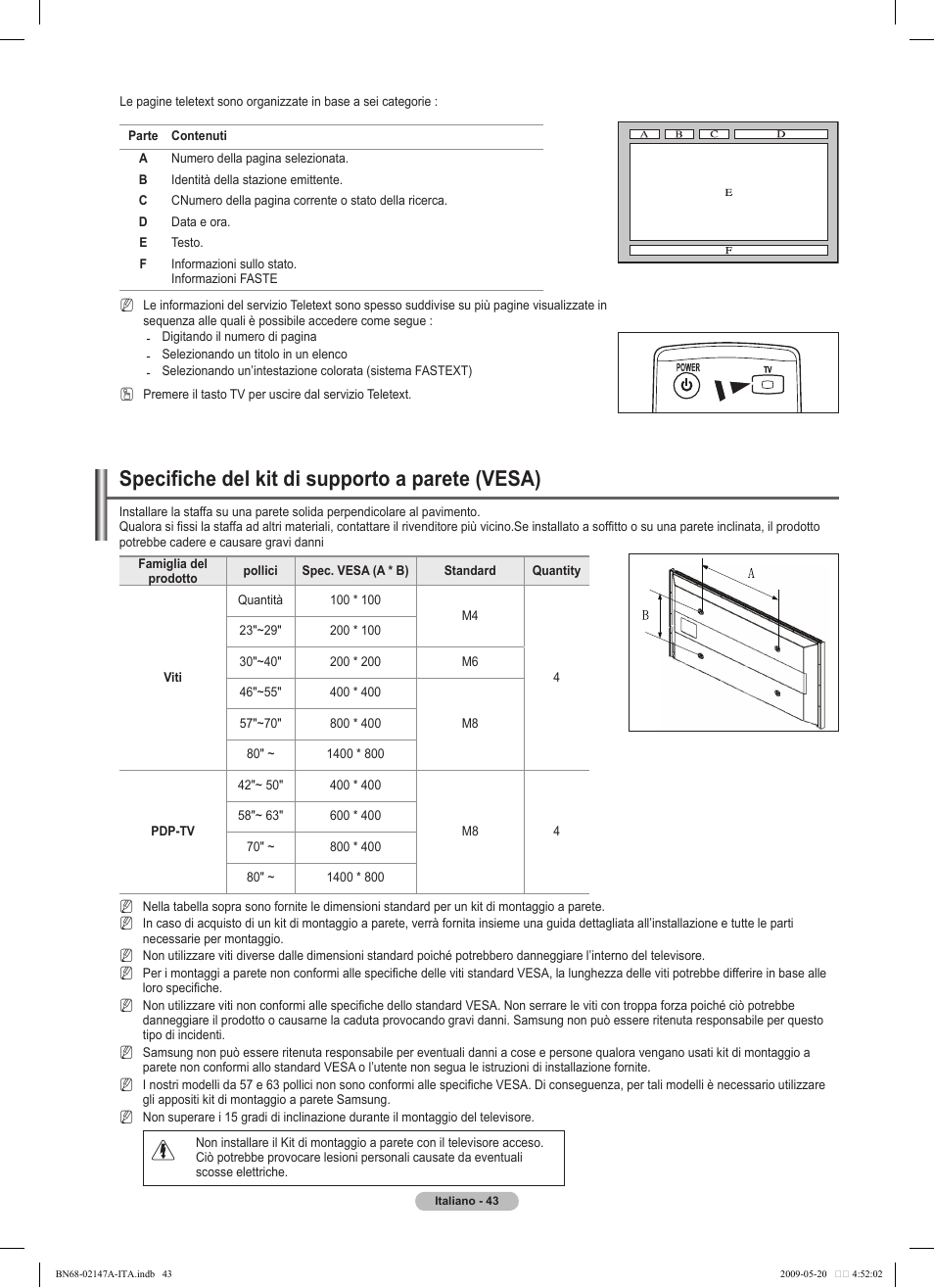 Specifiche del kit di supporto a parete (vesa) | Samsung PS50B579T6S User Manual | Page 192 / 197