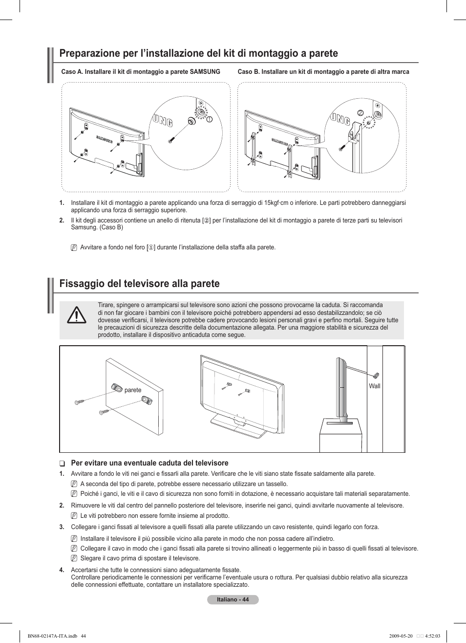 경고 주의 경고 주의, Fissaggio del televisore alla parete | Samsung PS50B579T6S User Manual | Page 193 / 197