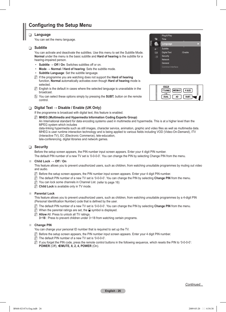 Configuring the setup menu | Samsung PS50B579T6S User Manual | Page 26 / 197