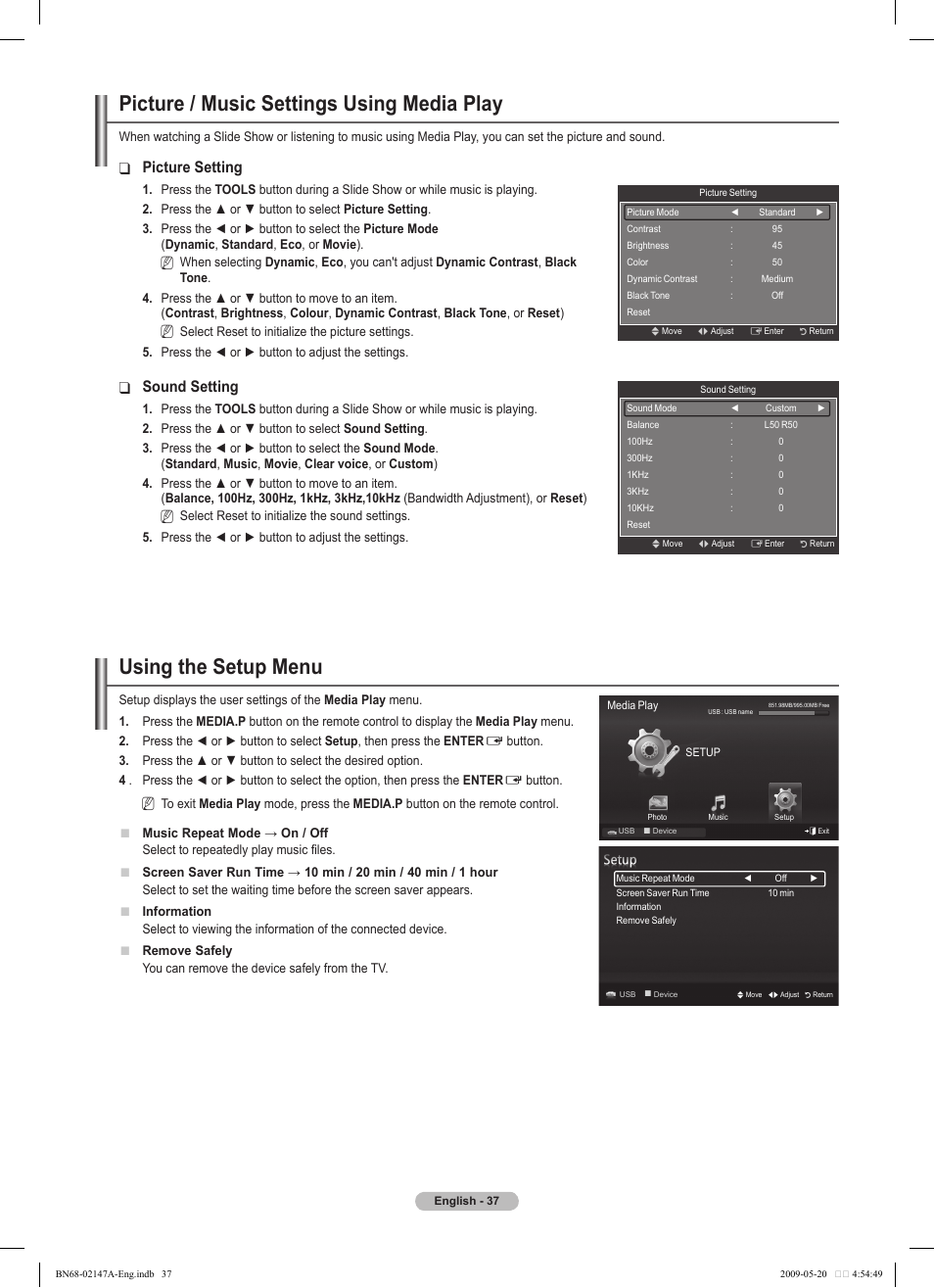 Picture / music settings using media play, Using the setup menu, Picture setting | Sound setting | Samsung PS50B579T6S User Manual | Page 37 / 197